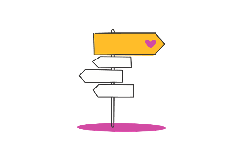 Ein gelber Wegweiser, der nach rechts zeigt. An seiner Spitze ist ein pinkes Herz.