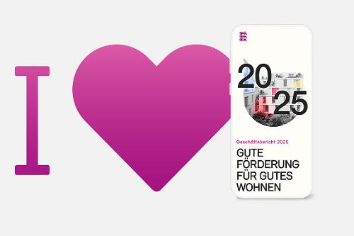 Ein Bild mit einem I-love-Schriftzug mit einem Herz und einem Smartphone, auf dem die Website zum L-Bank-Geschäftsbericht 2025 geöffnet ist.