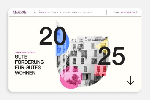 Ein Screenshot der Website zum Geschäftsbericht 2025 der L-Bank mit der Zahl 2025, einem Foto eines Wohngebäudes und der Überschrift Gute Förderung für gutes Wohnen.