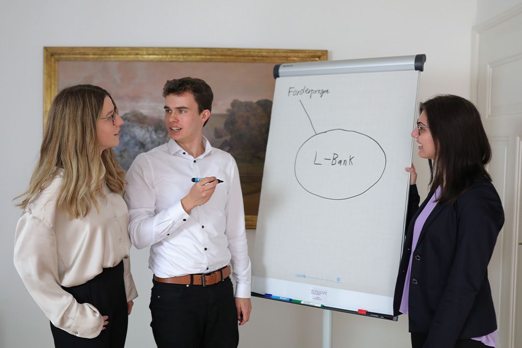 Drei Personen stehen gemeinsam an einem Flipchart und besprechen eine Skizze zu Förderprogrammen der L-Bank.