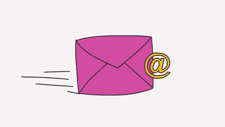 Illustration eines Briefumschlags mit @-Symbol und Bewegungslinien als Darstellung einer E-Mail.