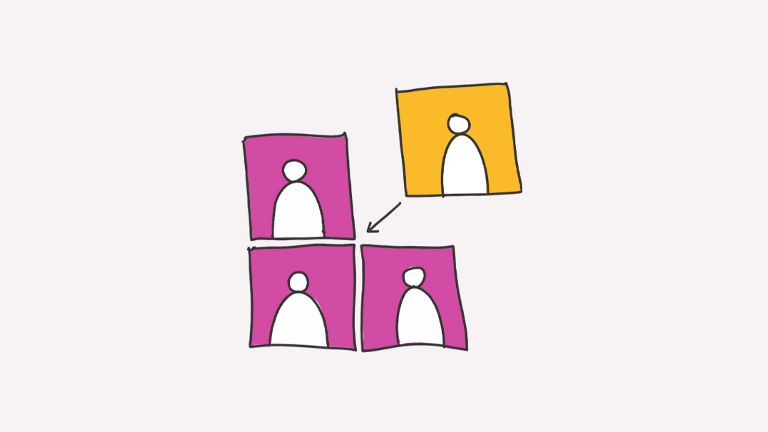 Copilot said: Illustration einer Person, die per Pfeil einer Gruppe aus drei Personen zugeordnet wird.