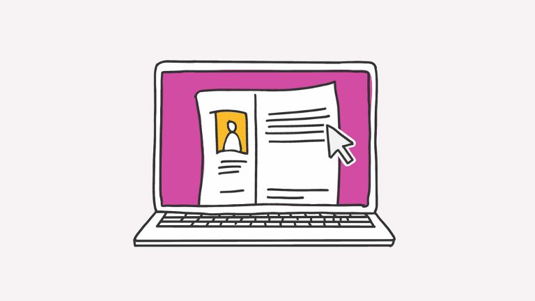 Illustration eines Laptops mit geöffnetem Lebenslauf und einem Mauszeiger auf dem Bildschirm.