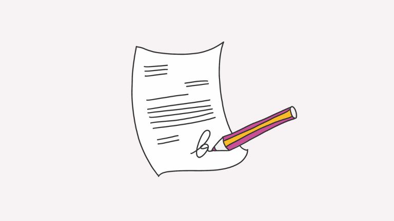 Illustration eines Dokuments mit Unterschrift und danebenliegendem Stift.
