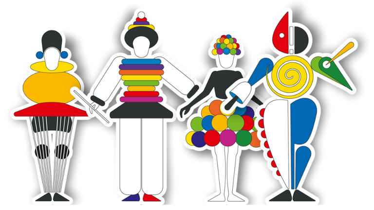 Vier bunte menschliche Figuren, die aus unterschiedlichen geometrischen Formen zusammengesetzt sind