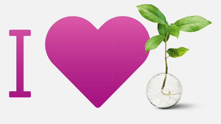 Lilafarbener I-love-Schriftzug mit Herz, rechts ist ein Pflänzchen abgebildet