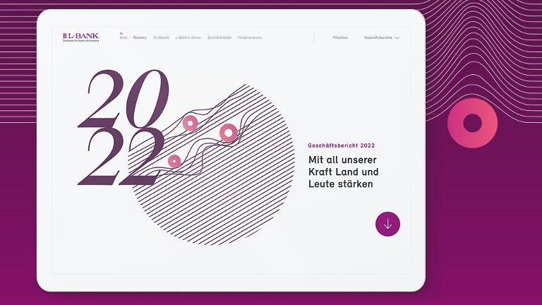 Die Website zum Geschäftsbericht 2022 ist in einer Kachel vor einem lilafarbenen Hintergrund abgebildet