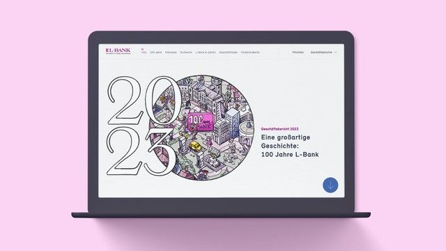 Die Website zum Geschäftsbericht 2023 der L-Bank wird auf einem Laptop angezeigt