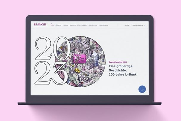 Die Website zum Geschäftsbericht 2023 der L-Bank wird auf einem Laptop angezeigt