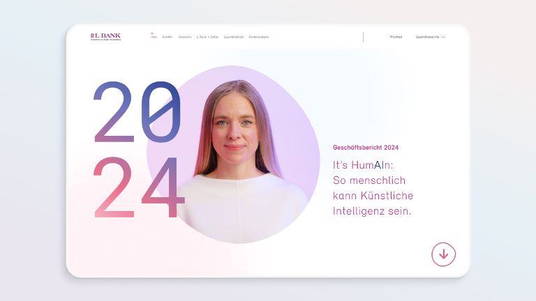 Ein Screenshot der Website zum Geschäftsbericht 2024 der L-Bank mit der Zahl 2024, einem Foto einer jungen Frau und der Überschrift Its HumAIn: So menschlich kann Künstliche Intelligenz sein.