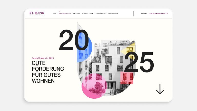 Ein Screenshot der Website zum Geschäftsbericht 2025 der L-Bank mit der Zahl 2025, einem Foto eines Wohngebäudes und der Überschrift Gute Förderung für gutes Wohnen.