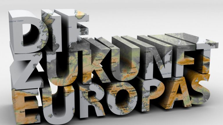 Ein dreidimensionaler Schriftzug Die Zukunft Europas, darauf ist eine Karte Europas abgebildet