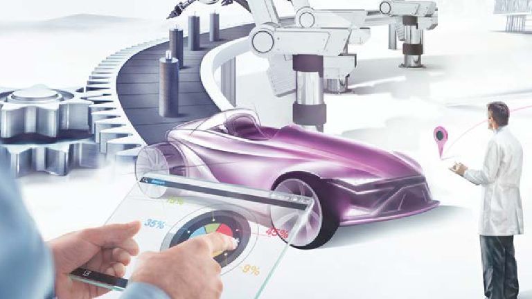 Die Zeichnung einer Produktionsstraße, bei der ein lila Auto vom Band fährt. Im Vordergrund sind zwei Personen zu sehen, eine davon bedient ein Tablet