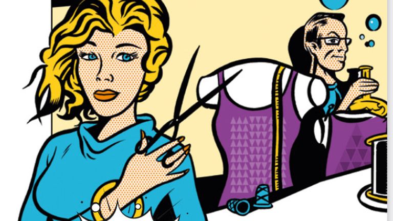 Ein Comicstrip im Pop-Art-Stil mit einer Frau in einer Schneiderei. Dieser trägt den Titel Ute Binder in: Die tapfere Schneiderin.