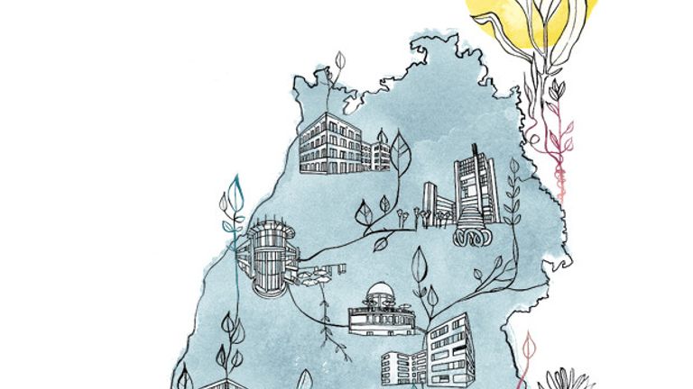 Ein mit Aquarellfarben blau, gelb und rot colorierter Umriss von Baden-Württemberg, auf dem die Gebäude der Technologieparks zu sehen sind