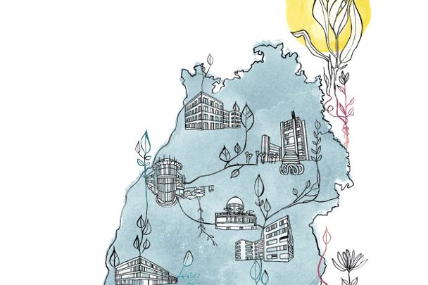 Ein mit Aquarellfarben blau, gelb und rot colorierter Umriss von Baden-Württemberg, auf dem die Gebäude der Technologieparks zu sehen sind