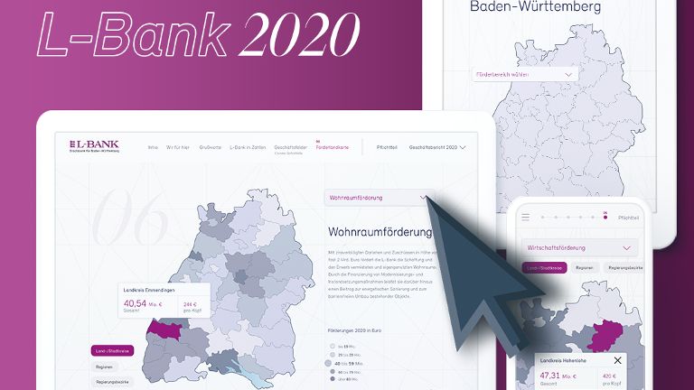 Die Website zum Geschäftsbericht 2021 der L-Bank wird auf zwei Tablets und einem Smartphone angezeigt, darüber liegt ein großer blaugrauer Mauszeiger
