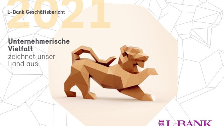 Das Titelbild zum Geschäftbericht 2021 mit einem abstrakten goldenen Löwen und dem Titel Unternehmerische Vielfalt zeichnet unser Land aus