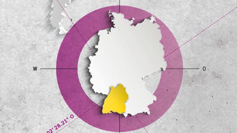 Ein Umriss von Deutschland, bei dem Baden-Württemberg in einem Fadenkreuz liegt und gelb hervorgehoben ist