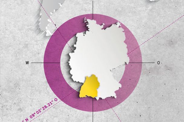 Ein Umriss von Deutschland, bei dem Baden-Württemberg in einem Fadenkreuz liegt und gelb hervorgehoben ist