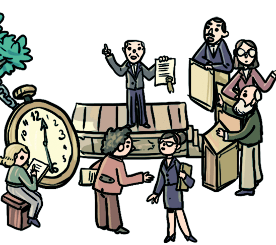 Ein Mann hält auf einer Bühne eine Urkunde hoch, um ihn herum diskutieren mehrere Personen. Links befindet sich eine übergroße Uhr.